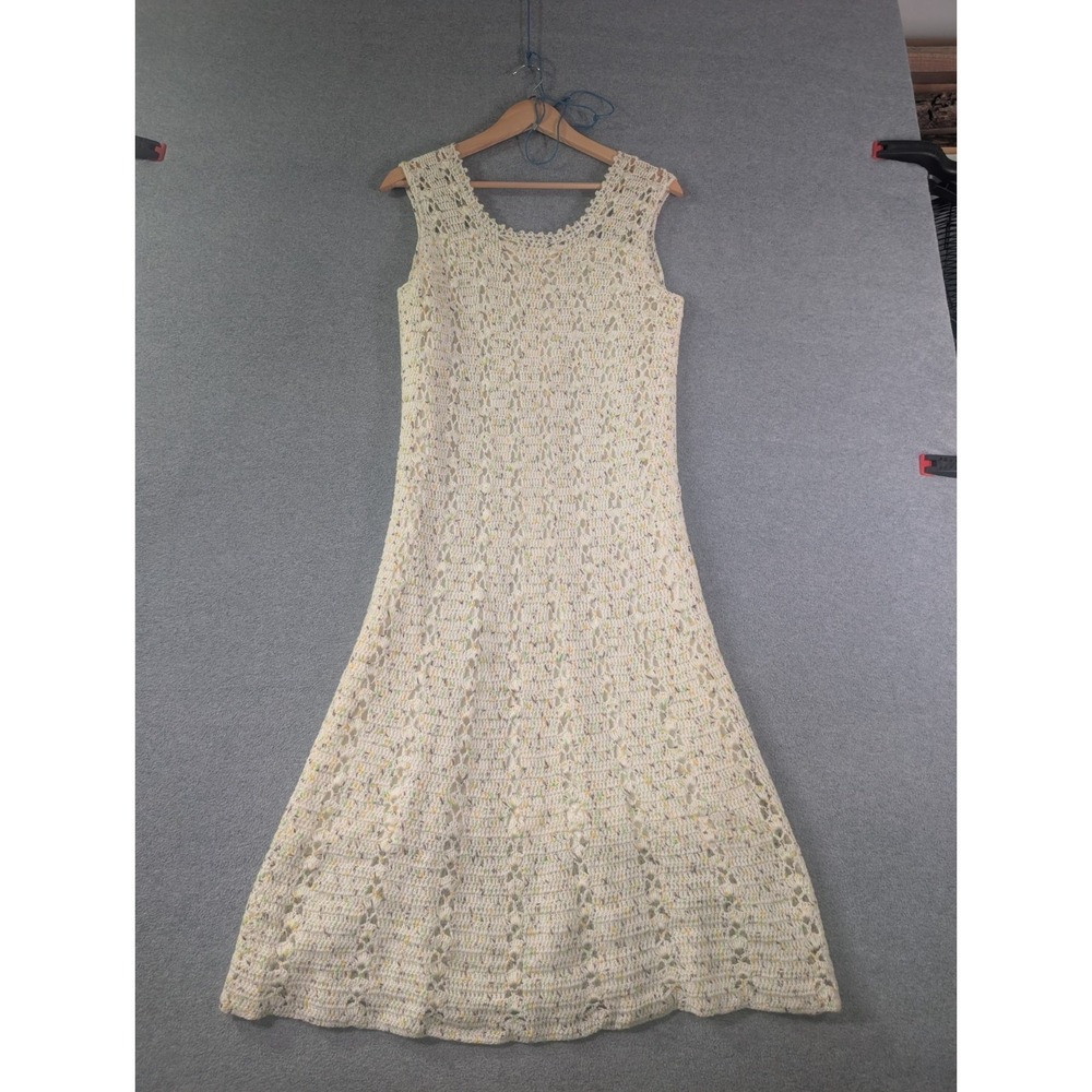 VTG Handmade Crochet Maxi Dress Estimated S/M Cream Lined Boho Cottage Fairy